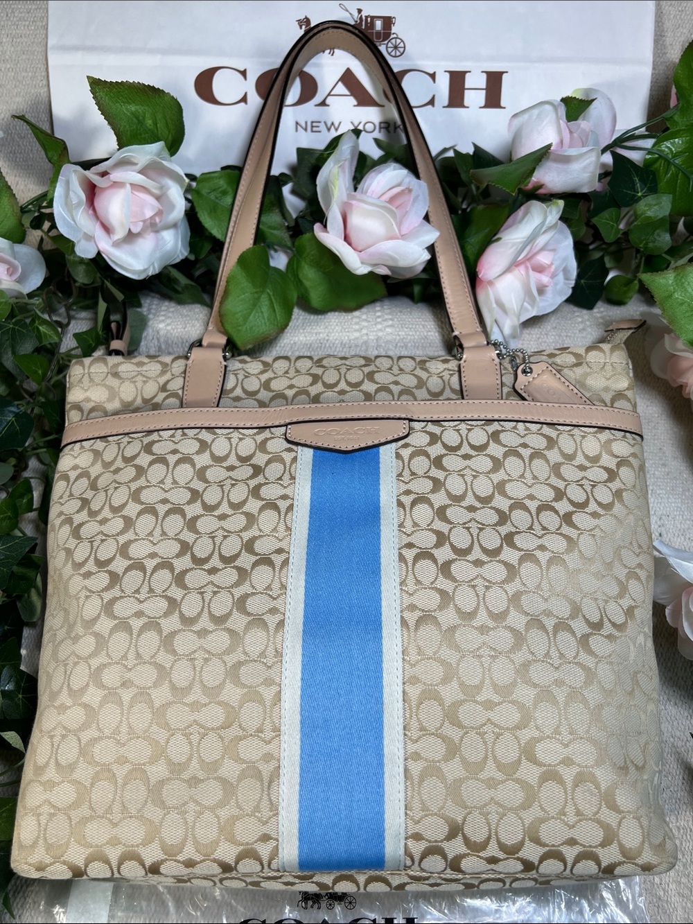 🦋Coach Signature Blue & White Stripe Khaki Tan - Beige Canvas Tote Leather Trim